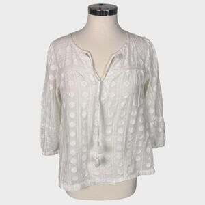 LOFT Small White Blouse 3/4 Sleeve Tie Neck Tassels Hobnail Pattern 100% Cotton